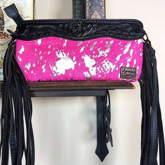 American Darling Fuchsia &Silver Cow Hide/Black Tooled Leather Fringe Crossbody - Picture 3 of 15
